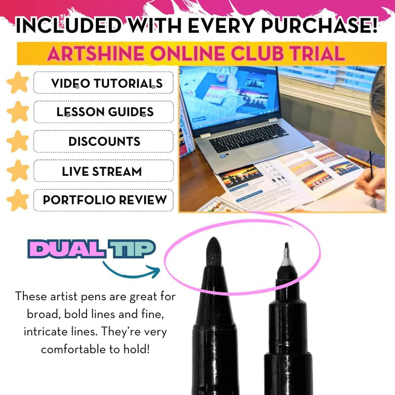 Artshine Dual Tip Artist Markers - Black, Pack of 12