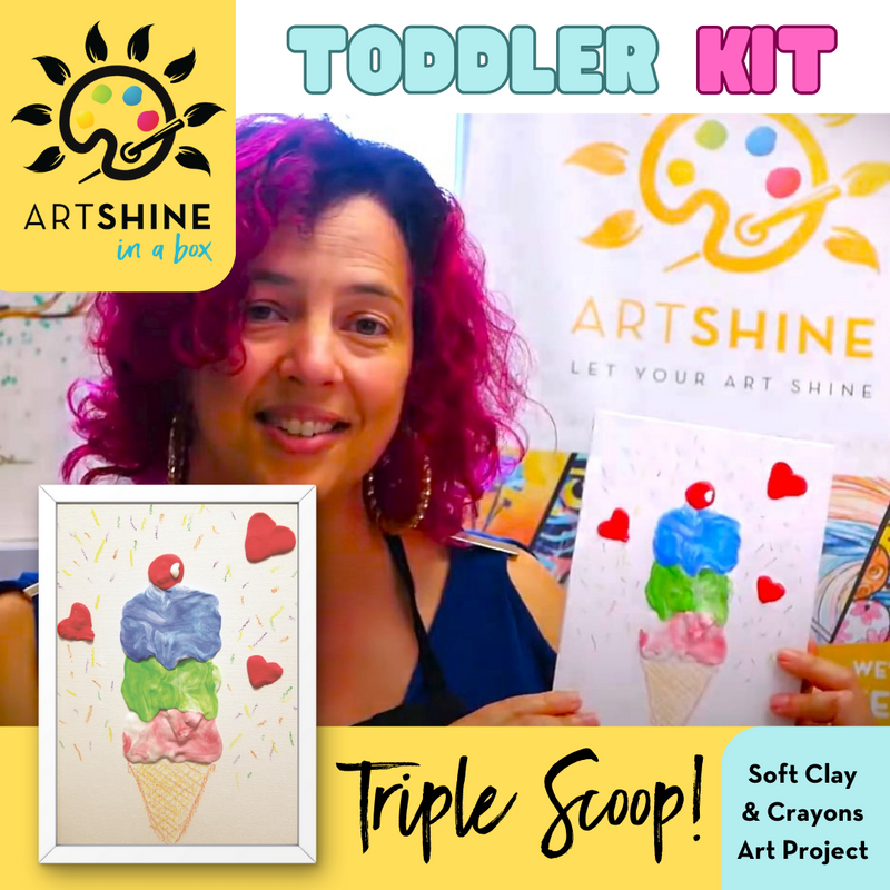 Triple Scoop Toddler Art Kit with Video Lesson | Soft Clay & Crayons on Canvas (Specialty Box) 🔰